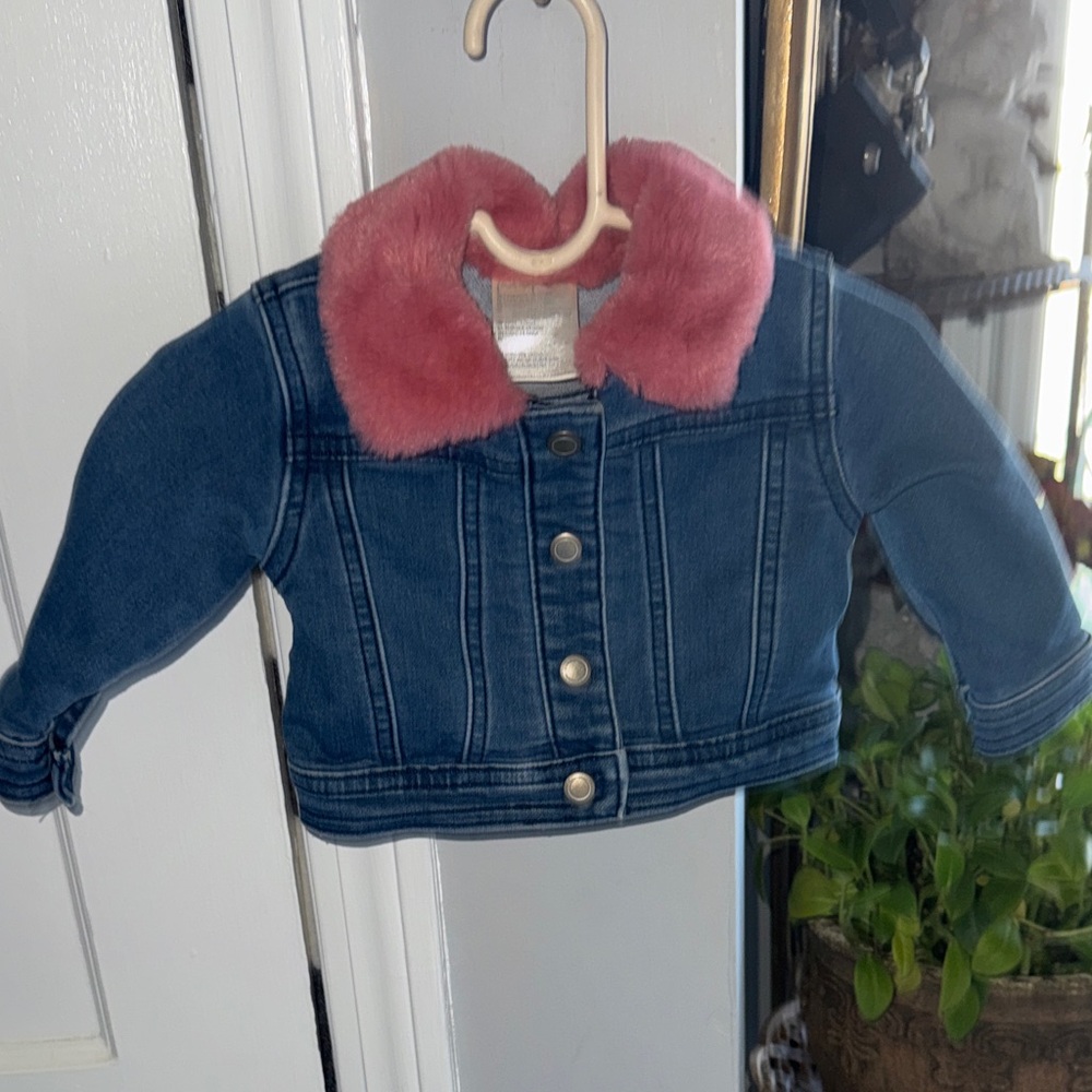 Kids Dark Blue Denim Jacket with Pink Faux Fur Collar